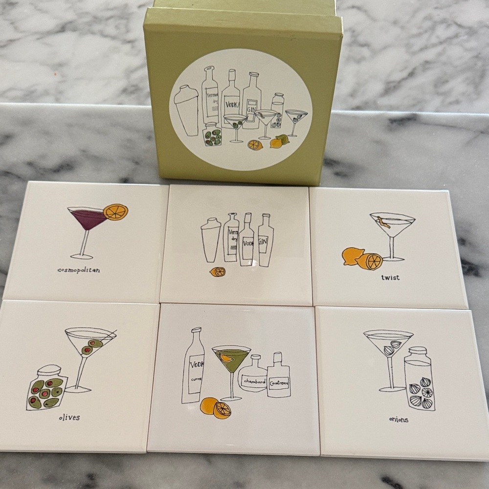 Cosmopolitan Ceramic Coasters Set with Cocktail Illustrations